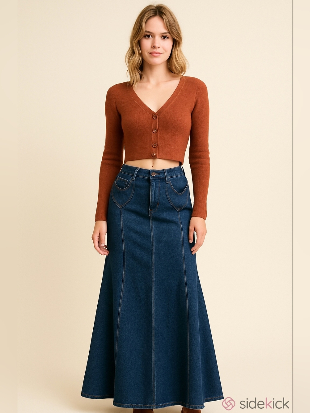 Vintage Denim Maxi Skirt Flared Med-Wash Jean Light Stretch Y2K Country Boho